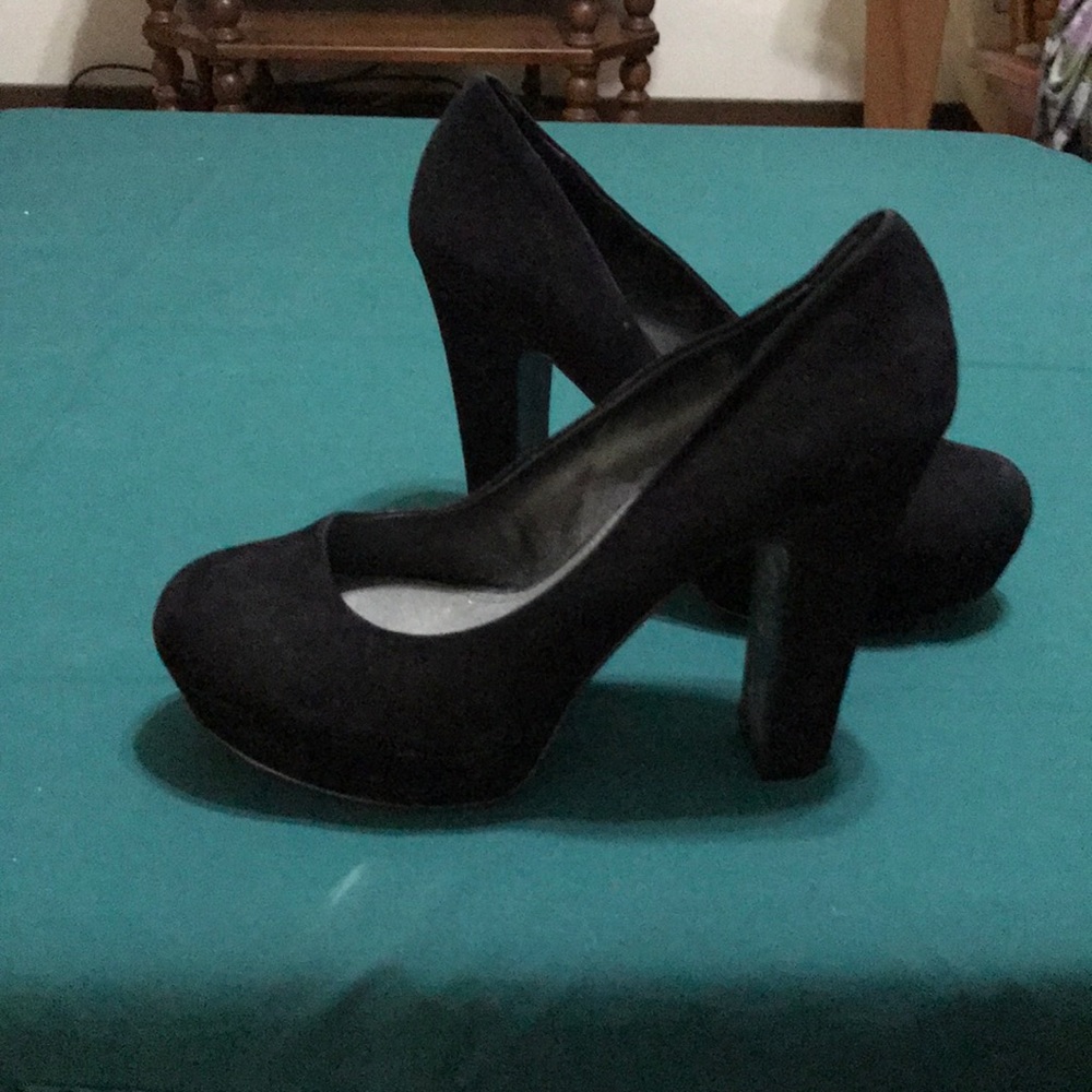 Black suede platform heels